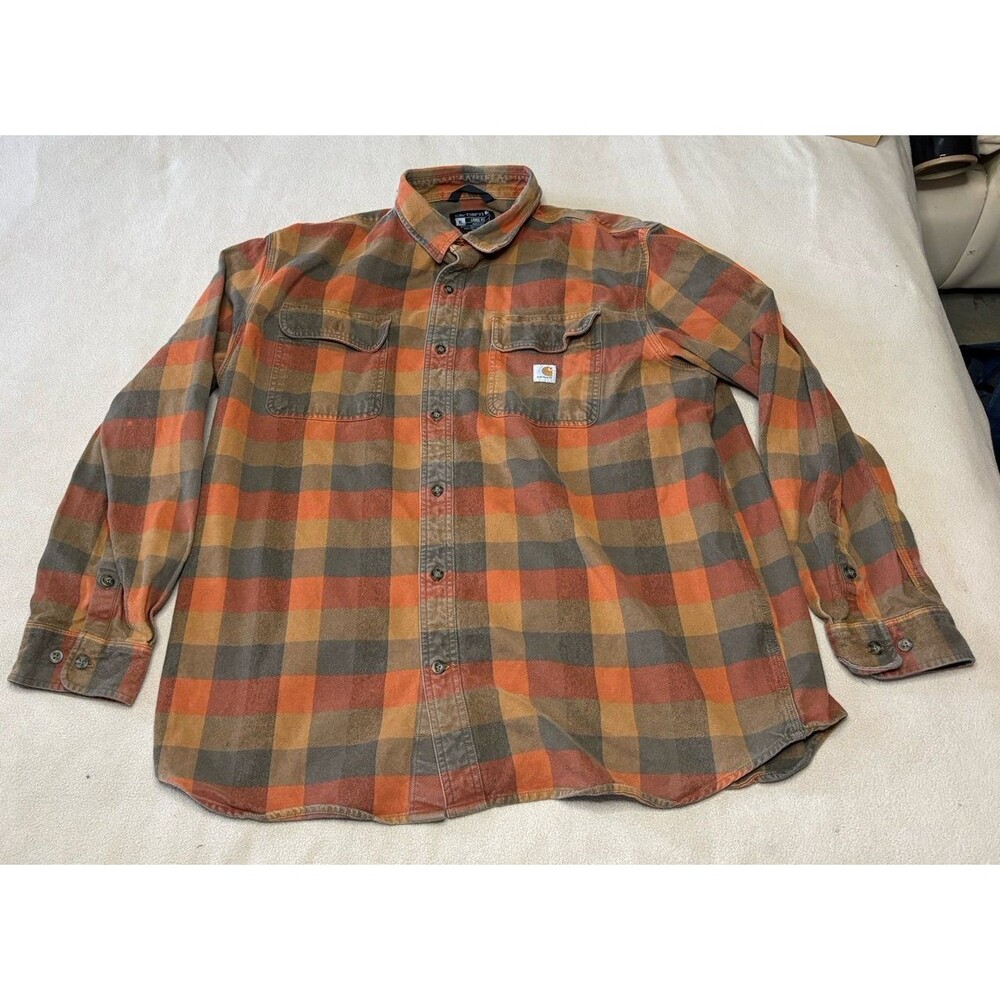 Carhartt Loose Fit Flannel Shirt Mens XL Orange Brown Plaid 105078 BRN Workwear